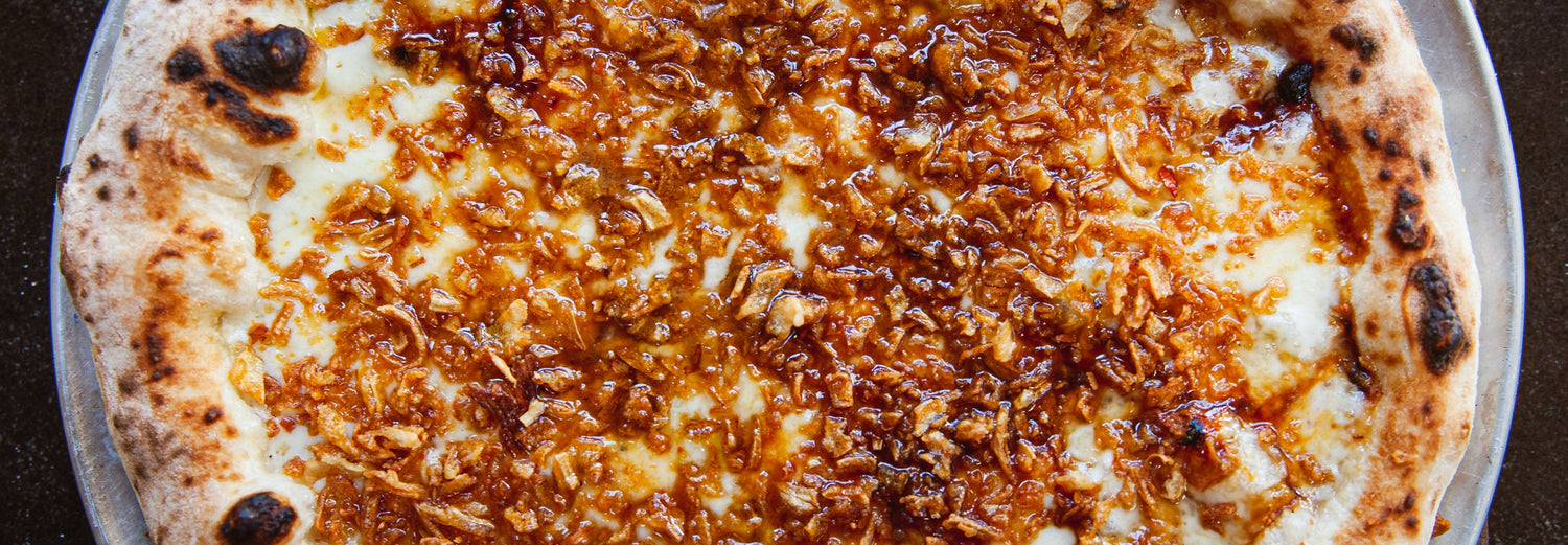 Marmite, Hot Honey & Crispy Onion Pizza - Pizza Oven recipe poster image