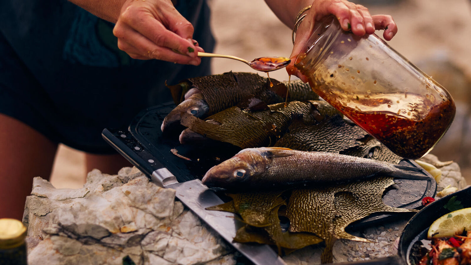 Wrapping Kelp around whiting and putting a honey glaze over it recipe poster image