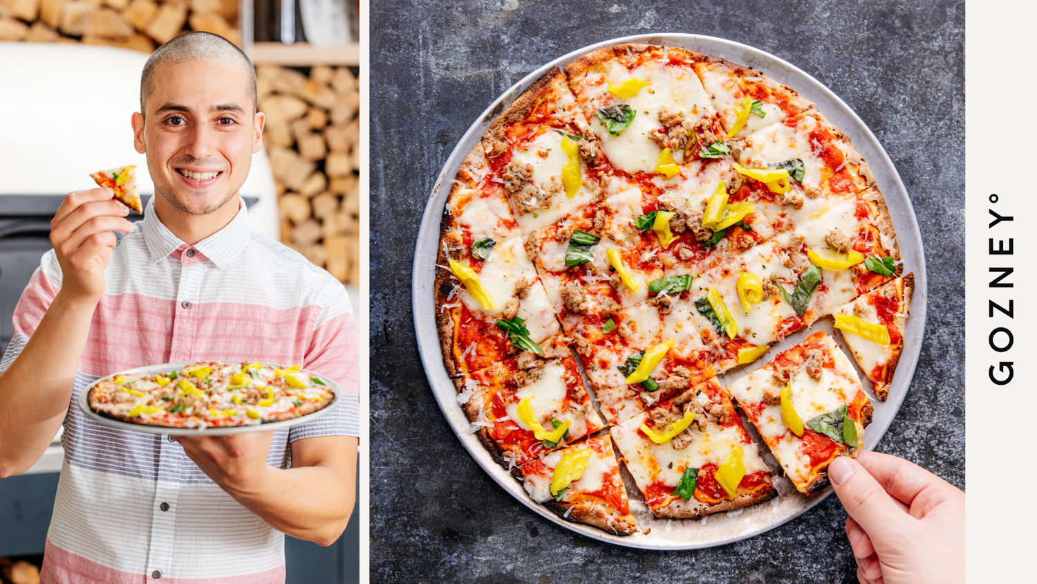 Luiz Perez holding Chicago Thin Crust Pizza