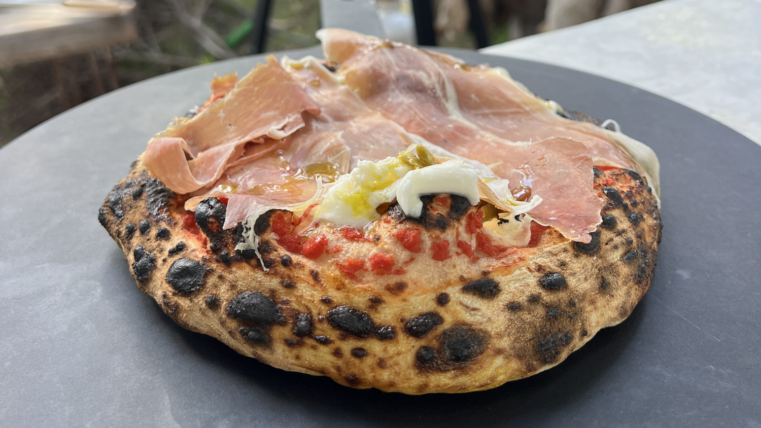 Prosciutto Pizza with Burrata and Olive Tapenade recipe poster image