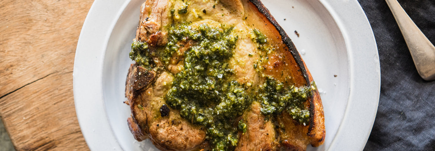 Pork Chop with Sage and Walnut Pesto - Gozney - Recipe recipe poster image
