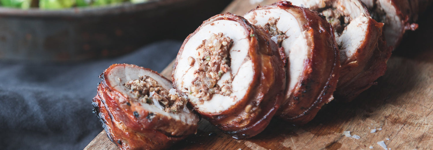Pork Tenderloin with Mushroom Stuffing & Roasted Sprouts - Gozney - Roccbox recipe poster image