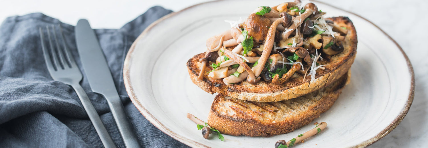 Wild Mushrooms and Walnuts on Toast - recipe - Gozney recipe poster image