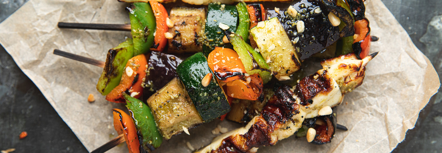 Halloumi & Pesto Veg Skewers - Roccbox . Gozney recipe poster image