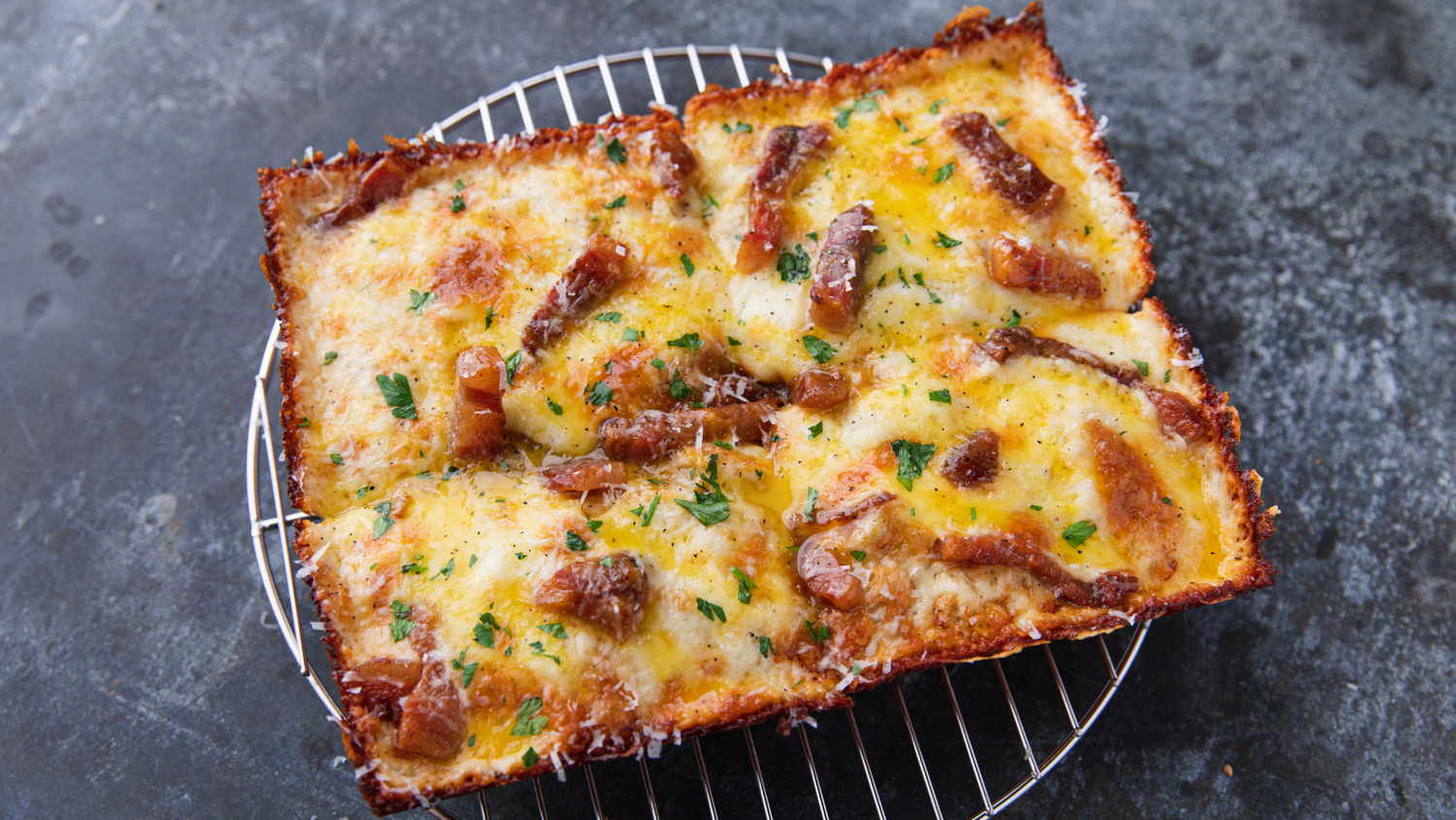 Carbonara Detroit Style Pizza cooked and displayed
